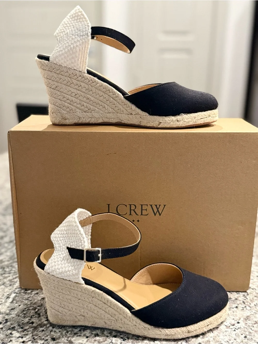 J. Crew Black Canvas and White Woven Espadrille Wedges